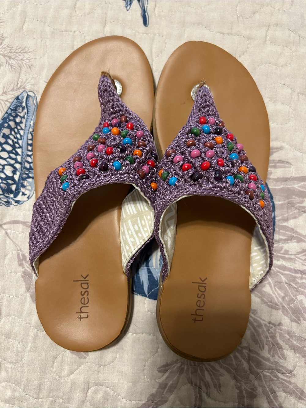 The Sak Purple Beaded Crochet Thong Sandals with Multicolor Beads